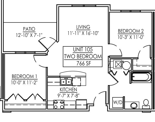 Two Bedroom One Bath Floor Plan 3